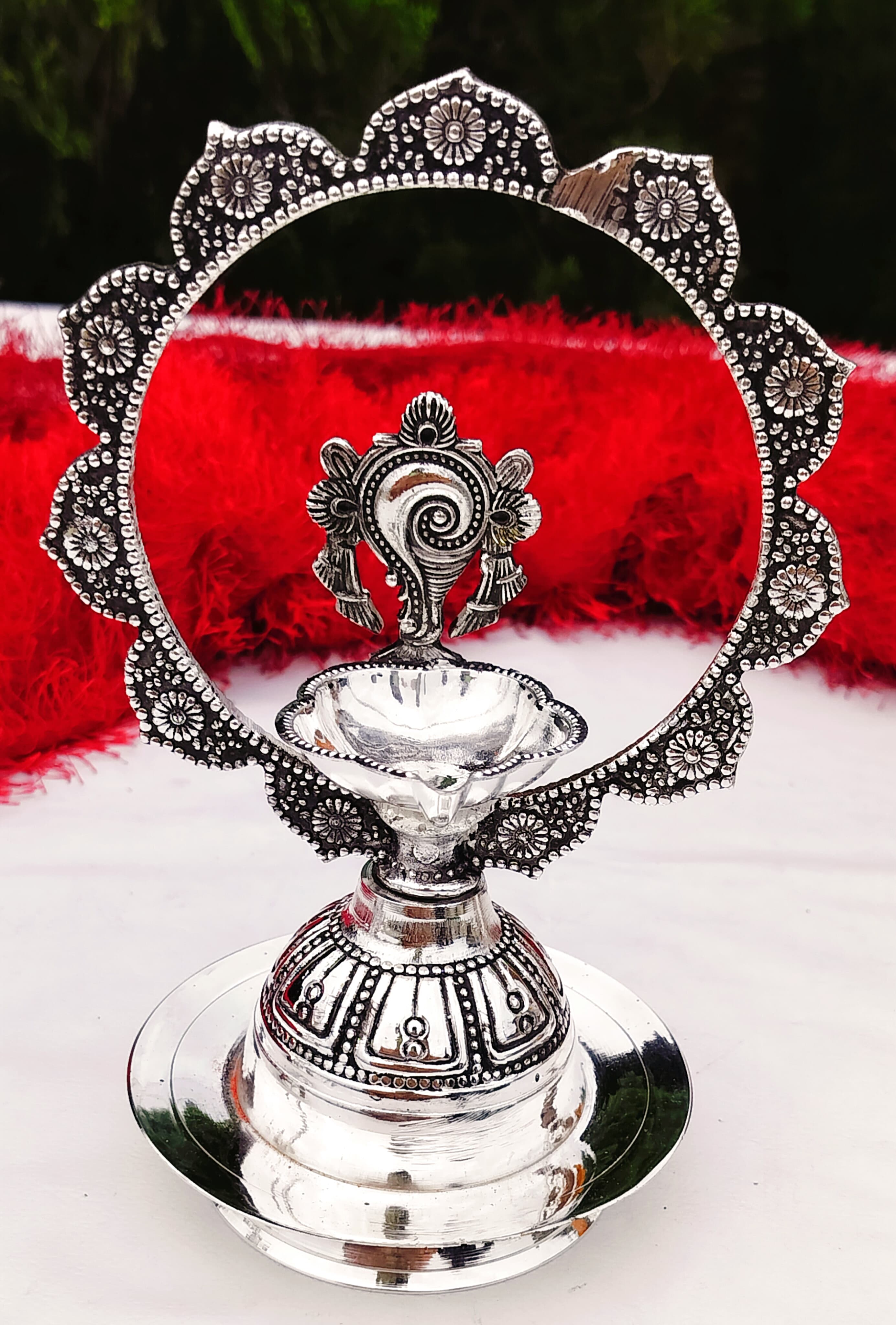 Antique German Silver shanku Chakra Diya Pair for Diwali/ Gift Item